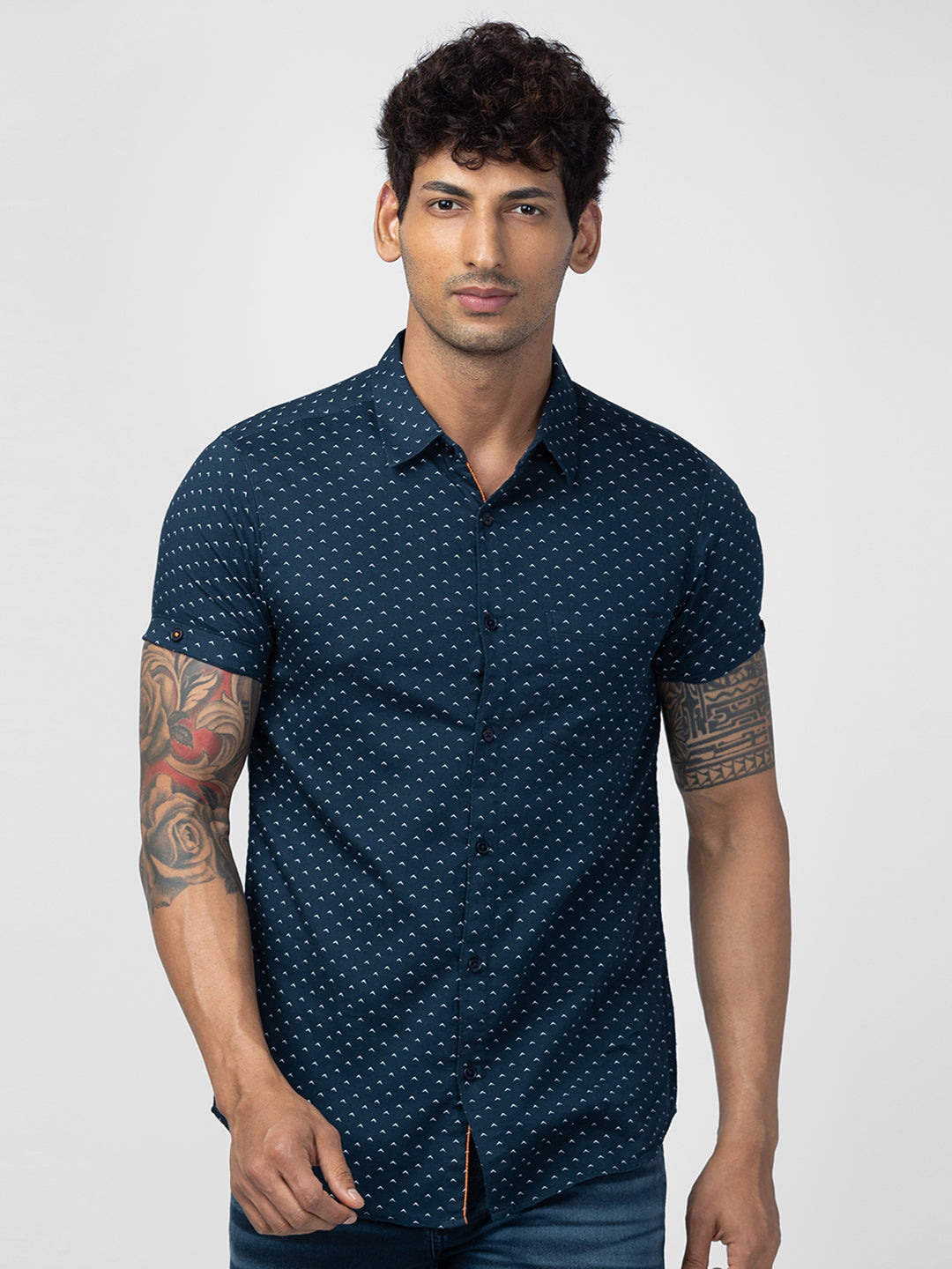 Spykar Men Navy Blue Cotton Slim Fit Printed Shirt