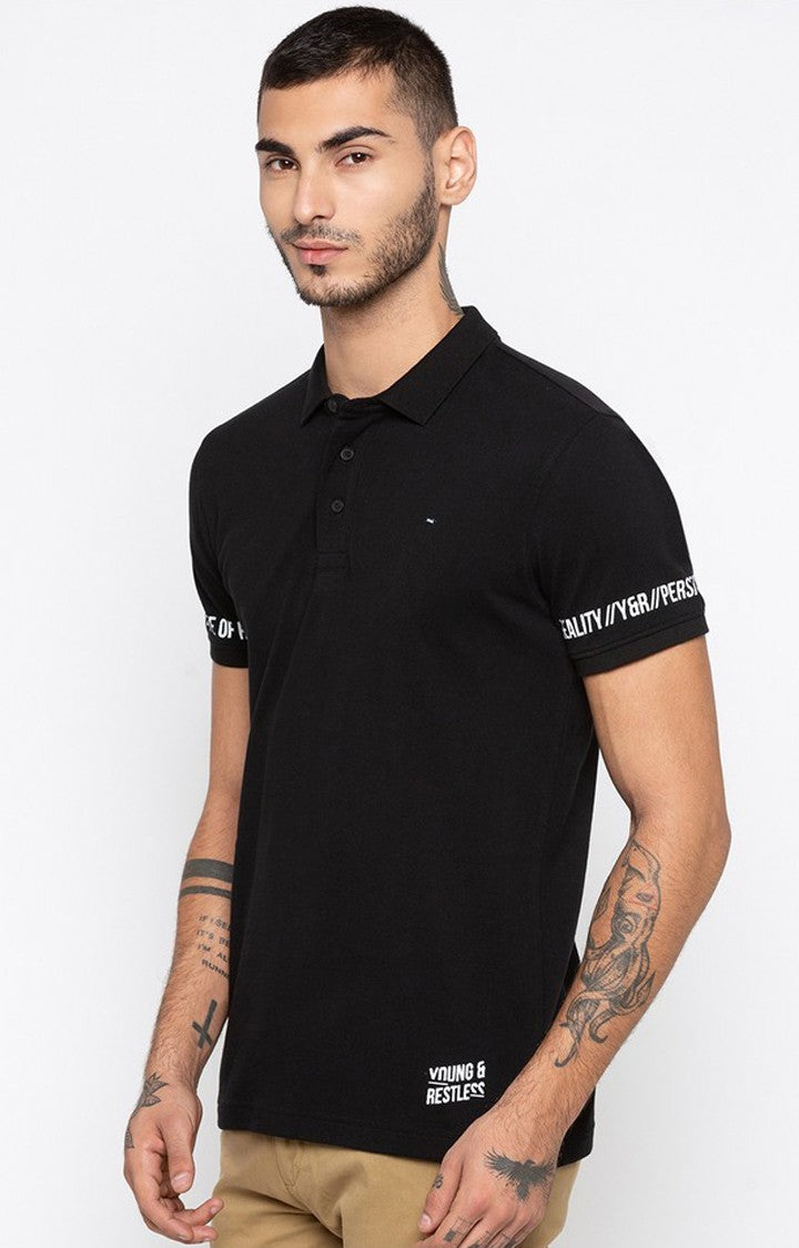 Spykar Black Printed Slim Fit Polo T-Shirt