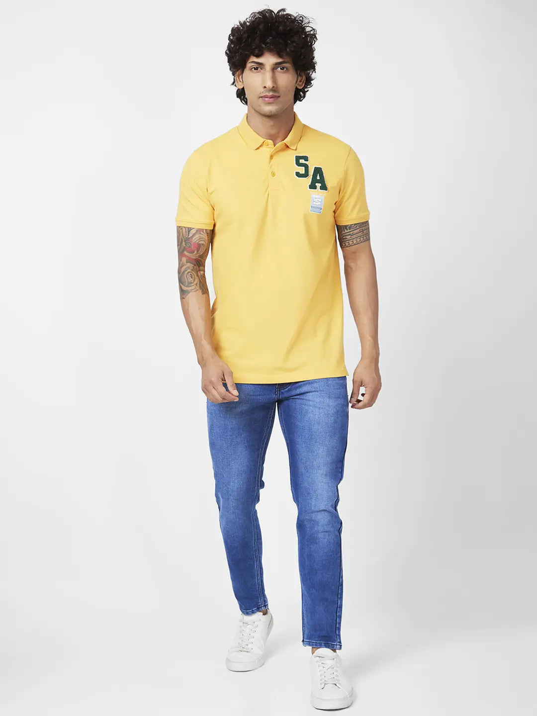 Spykar Men Amber Yellow Blended Slim Fit Half Sleeve Polo Neck Casual Plain Polo Tshirt