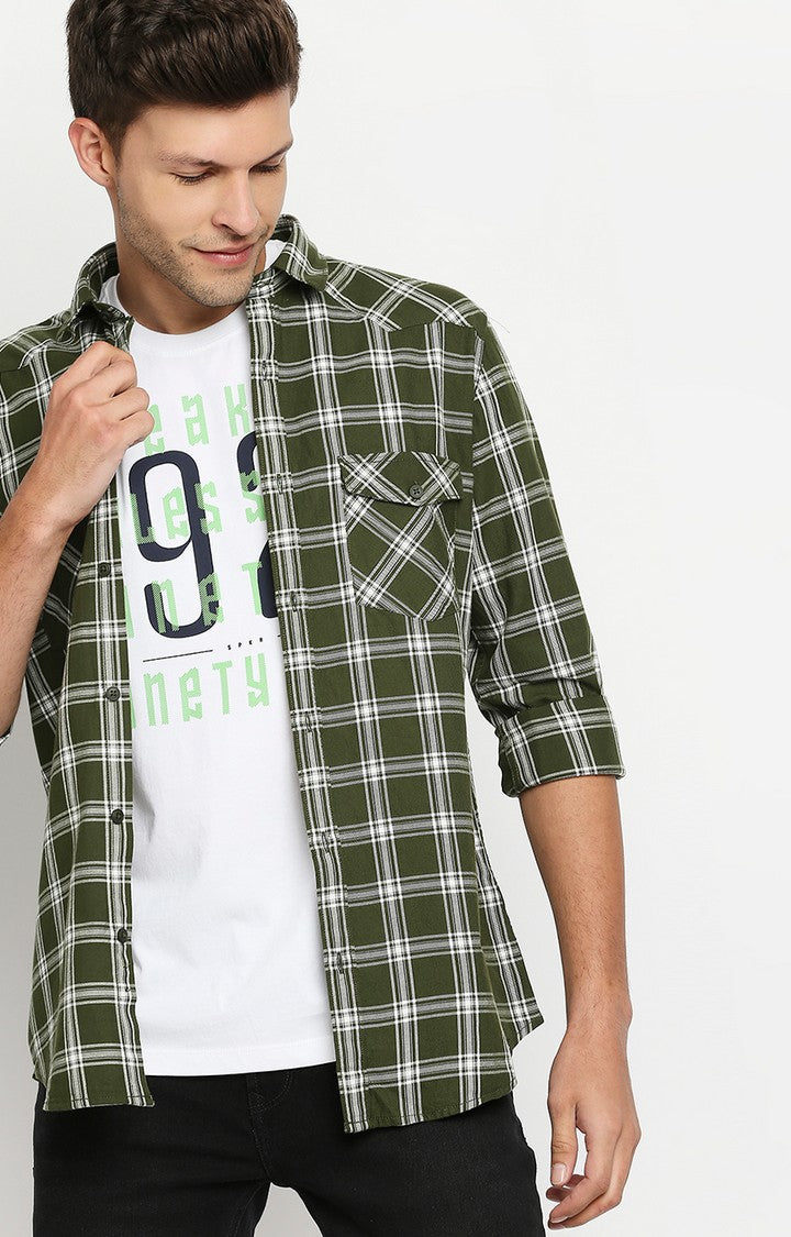 Spykar Men Green Slim Fit Full Sleeve Checkered Shirt