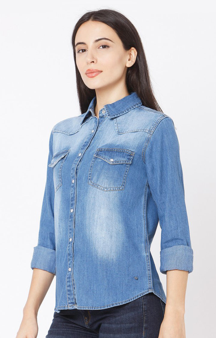 Spykar Slim Fit Denim Blue Cotton Women Shirt