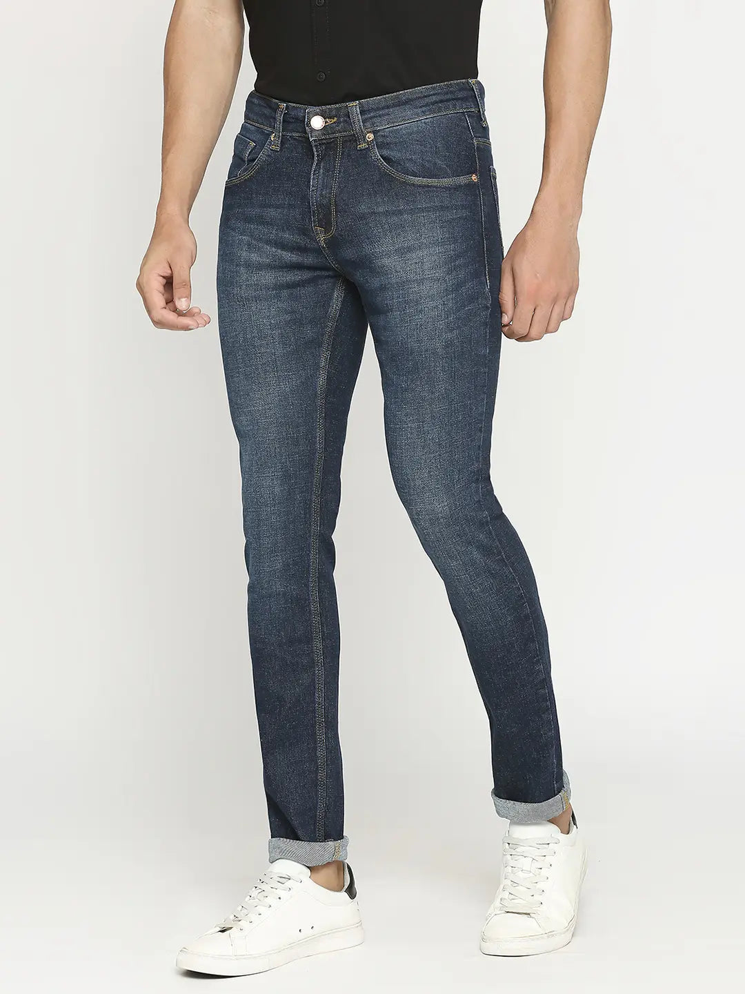 Spykar Men Dark Indigo Cotton Slim Fit Narrow Length Clean Look Low Rise Jeans - (Skinny)