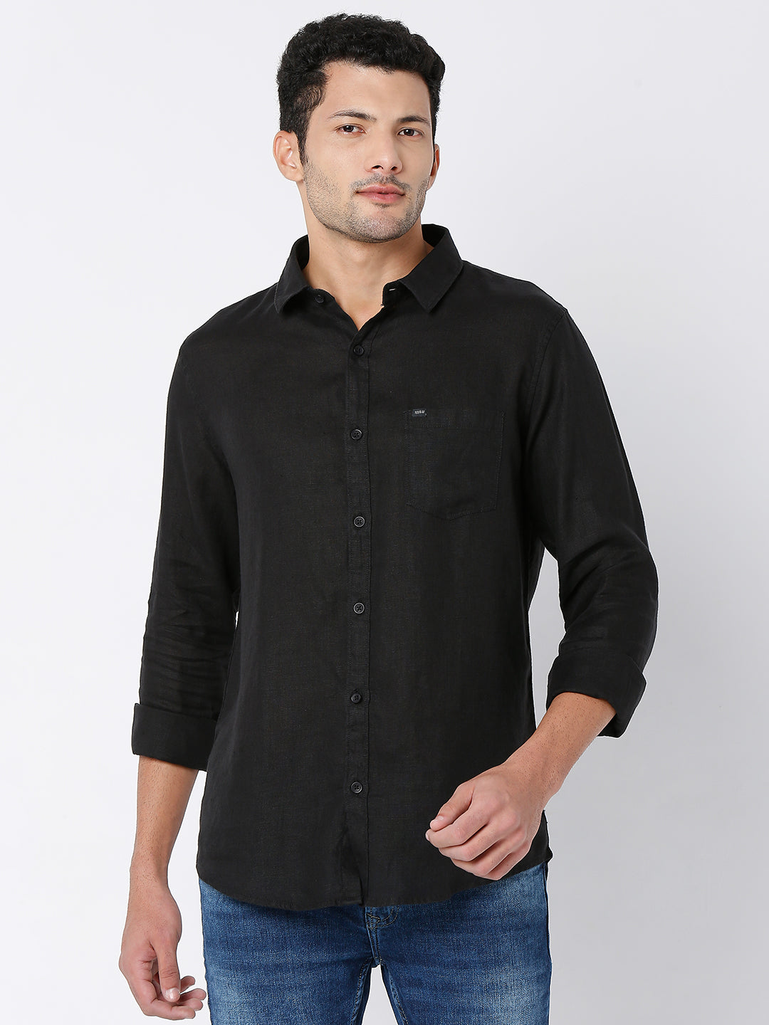 Spykar Men Black Cotton Full Sleeve Plain Shirt