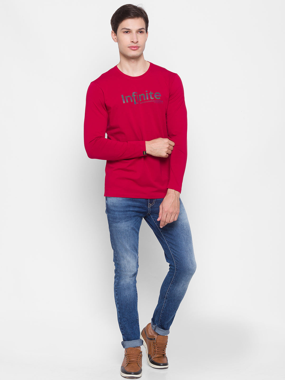 Spykar Men Red Cotton Slim Fit Round Neck T-Shirt