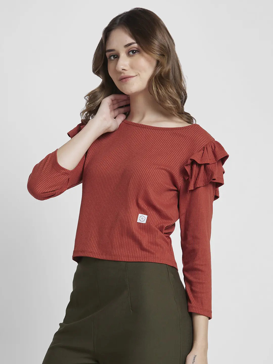 Spykar Women Terracotta Blended Regular Fit Full Sleeve Round Neck Plain Crop Tshirt