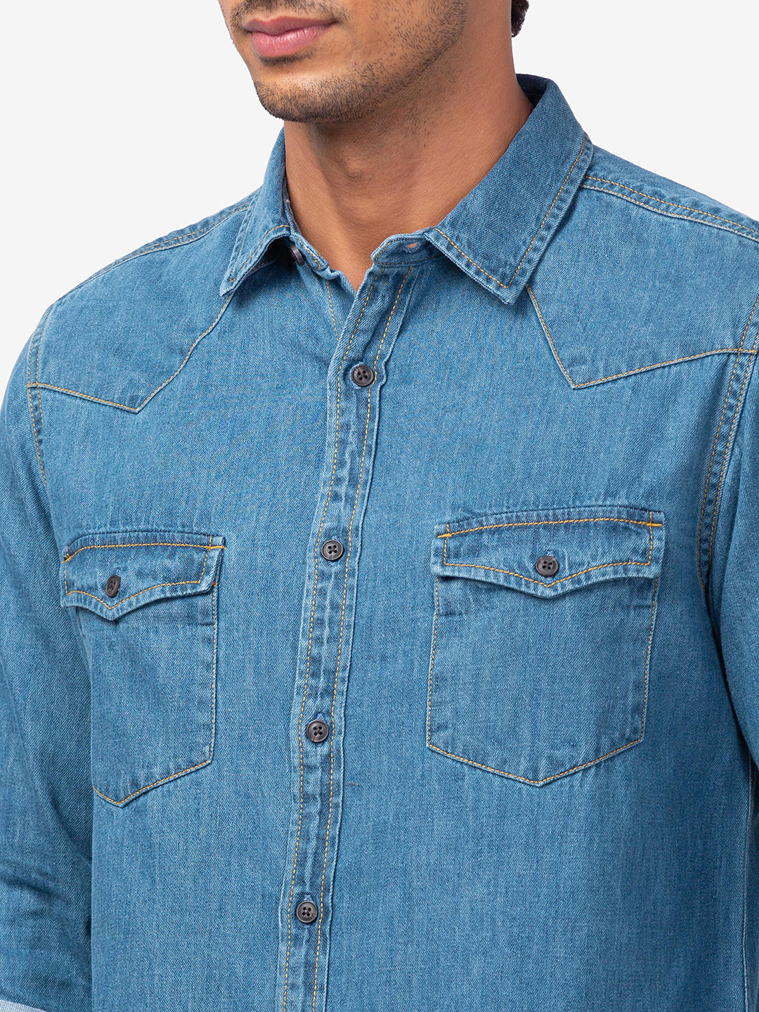 Spykar Men Mid Blue Cotton Slim Fit Denim Shirts