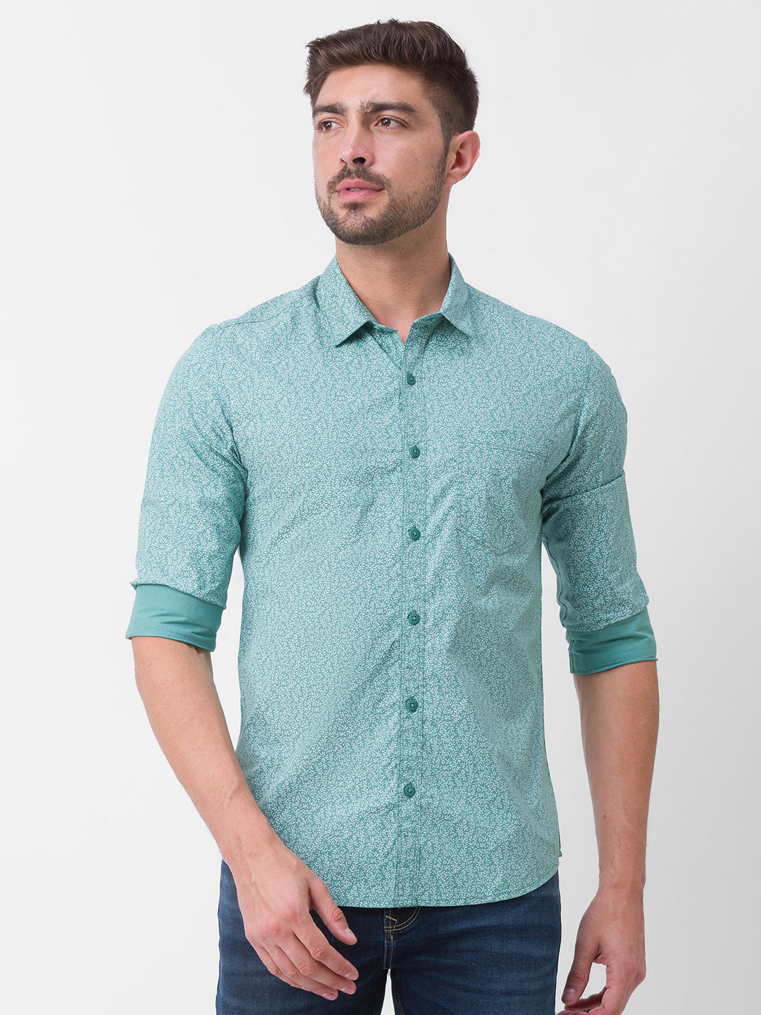 Spykar Sage Green Cotton Full Sleeve Printed Shirt For Men