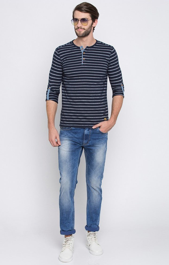 Spykar Navy Blue Striped Slim Fit Men T-Shirts