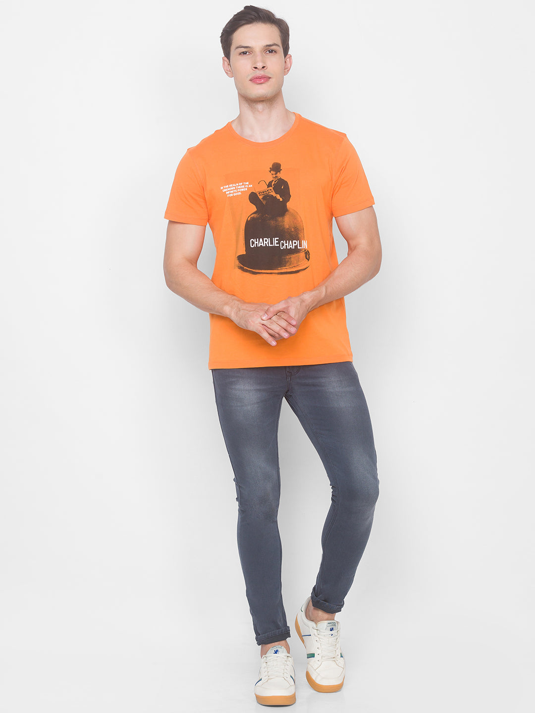 Charlie Chaplin Spykar Men Orange Cotton Slim Fit Round Neck T-Shirt