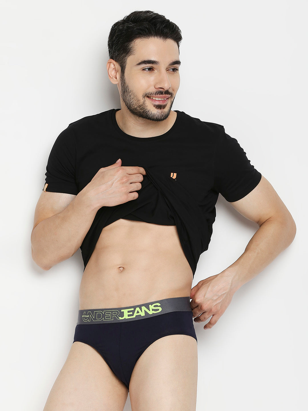 Men Premium Yellow & Navy Blue Cotton Blend Brief - Pack Of 2- Underjeans By Spykar