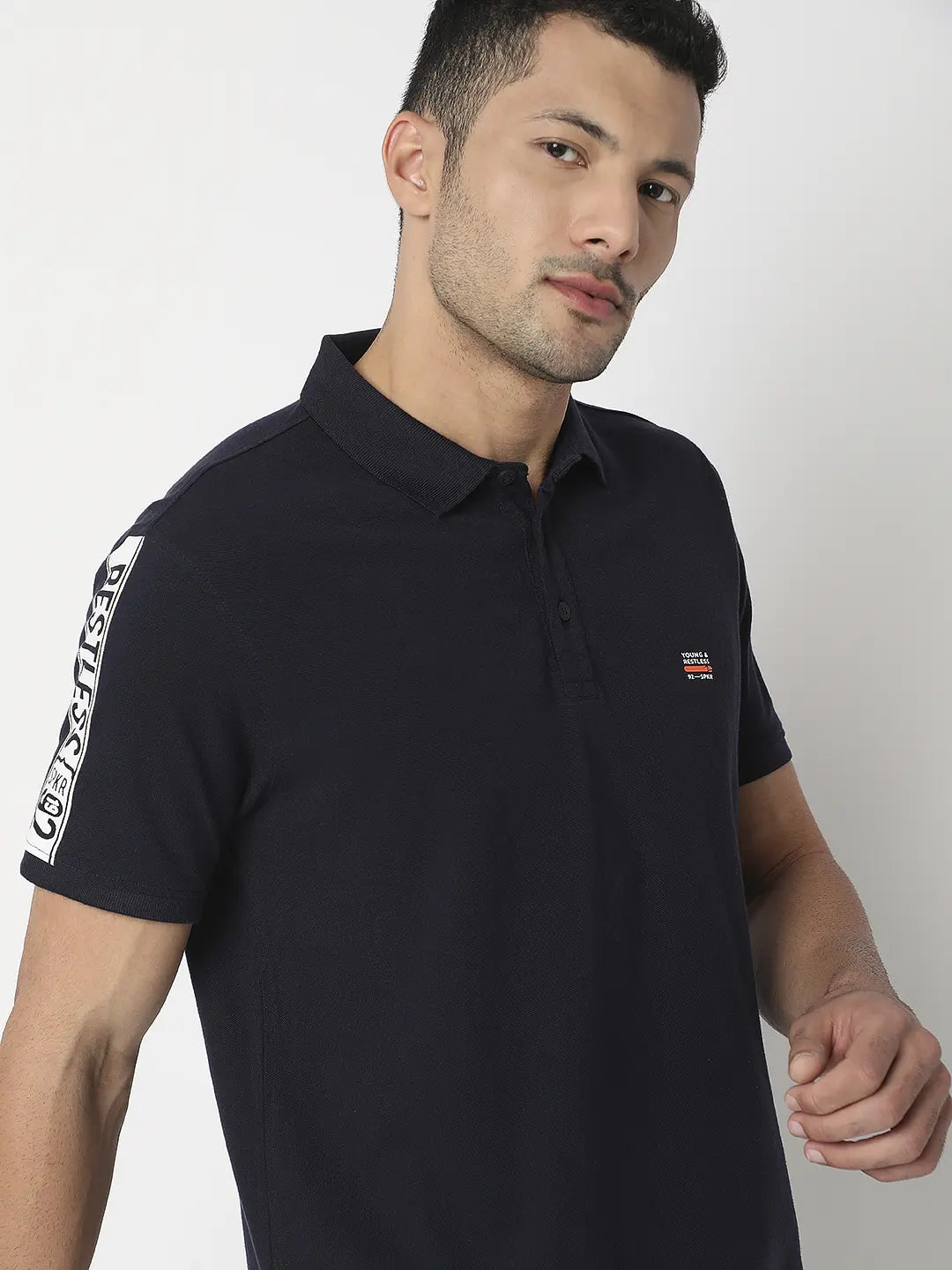 Spykar Men Navy Blue Cotton Regular Fit Plain Polo Tshirt