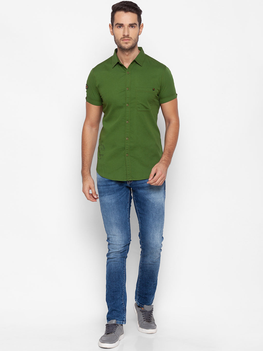 Spykar Slim Fit Green Cotton Men Shirt