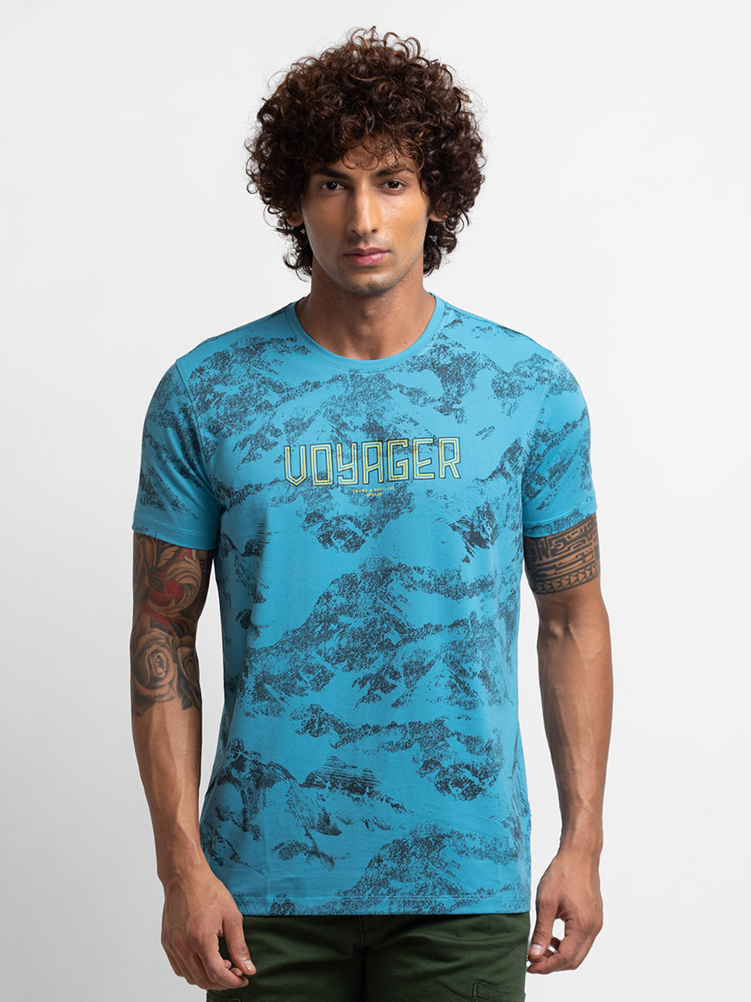 Spykar Haze Blue Cotton Half Sleeve Printed Casual T-Shirt For Men