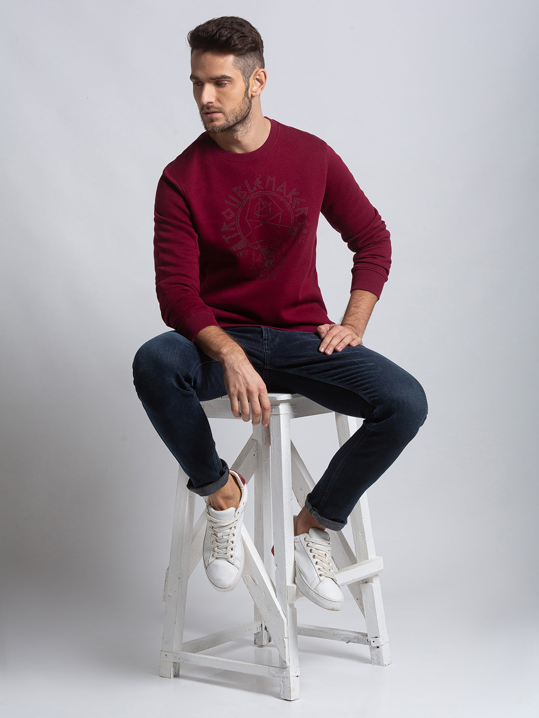 Spykar Wine Blended Slim Fit Sweatshirt For Men