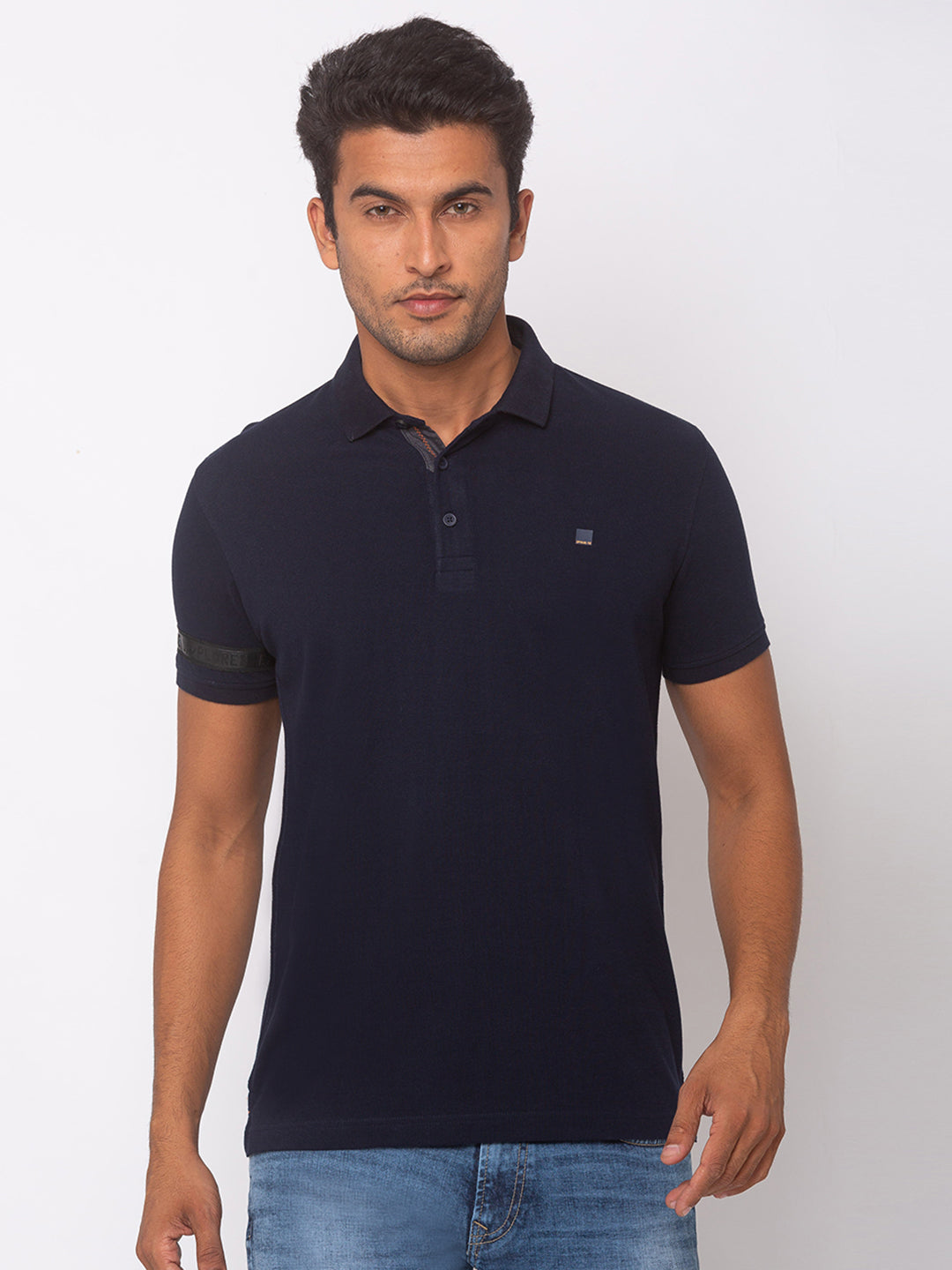 Spykar Men Blue Cotton Slim Fit Polo T-Shirt