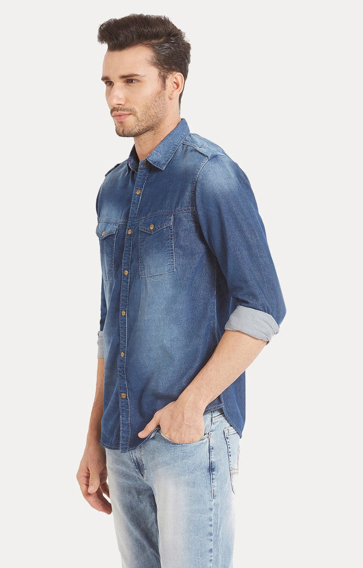 Spykar Men'S Blue Cotton Solid Casual Shirts