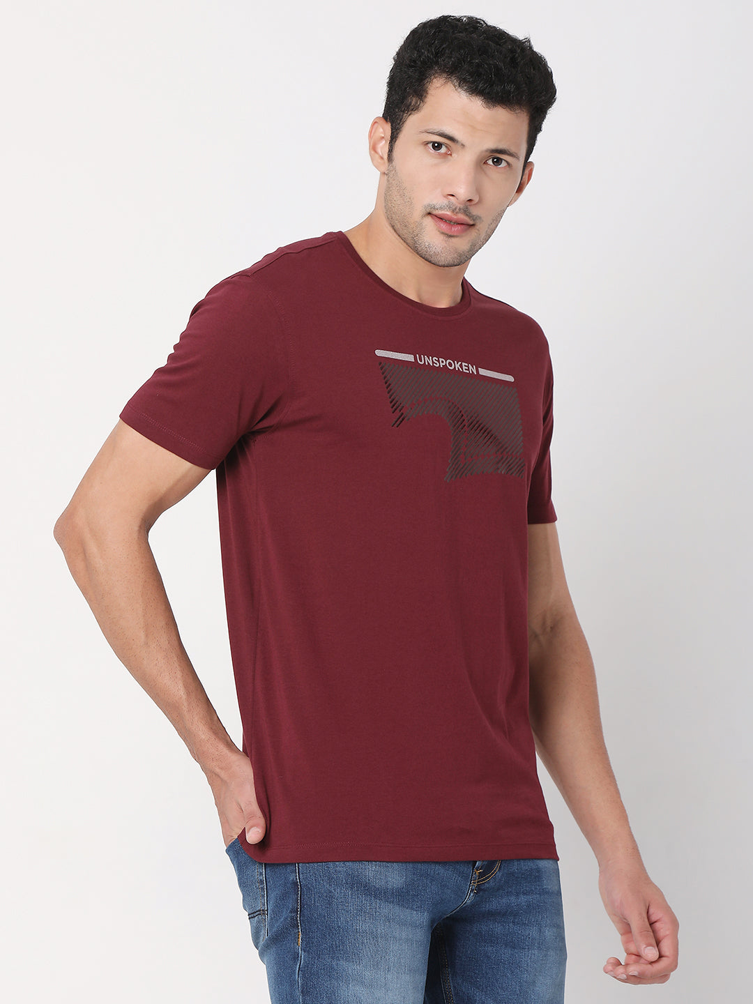 Spykar Wine Cotton Half Sleeve Printed Casual T-Shirt For Men