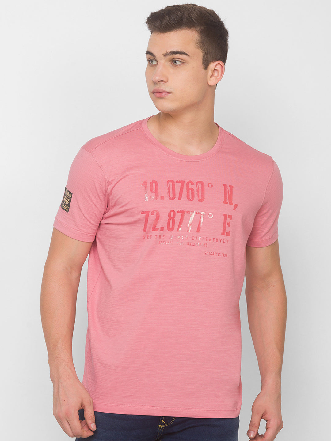 Spykar Men Pink Cotton Slim Fit Round Neck T-Shirt