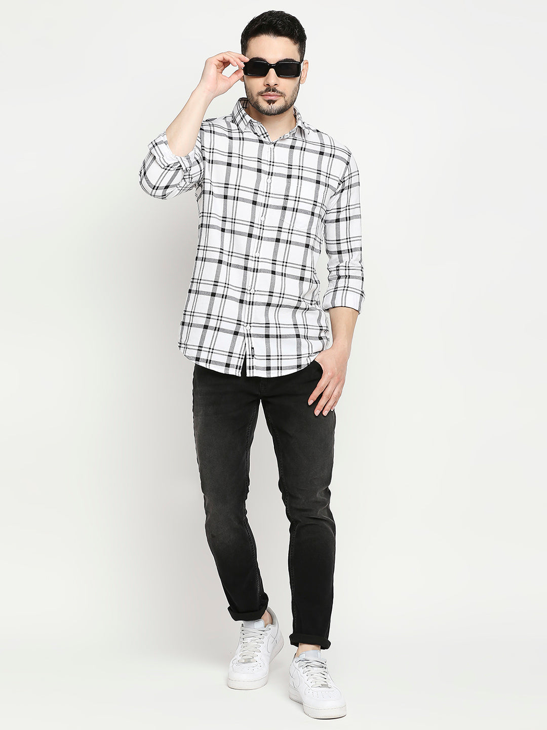 Spykar White Cotton Full Sleeve Checkered Shirt For Men