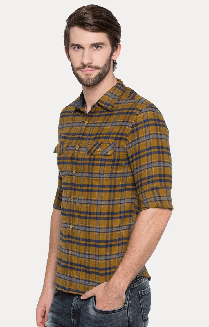 Spykar Men'S Yellow Cotton Checked Casual Shirts