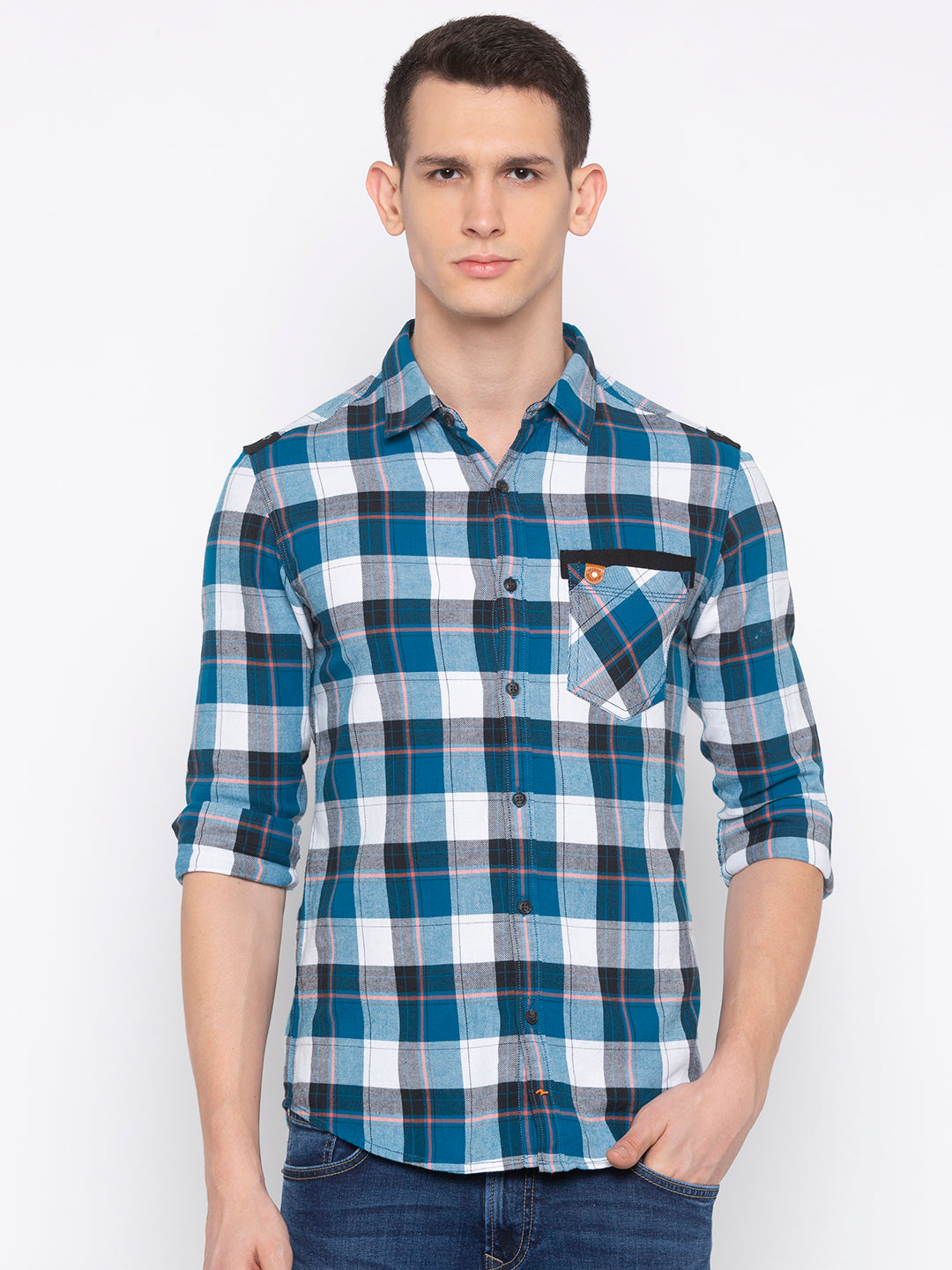 Spykar Men Blue Checked Slim Fit Casual Shirt