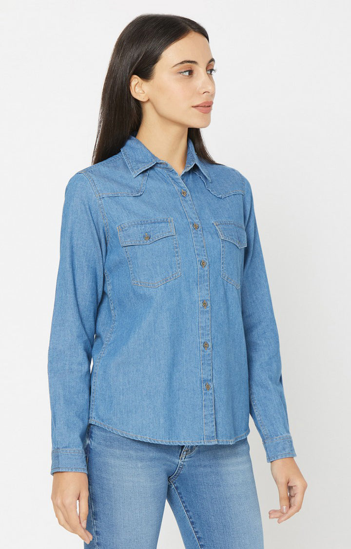 Spykar Women Blue Cotton Slim Fit Denim Shirts