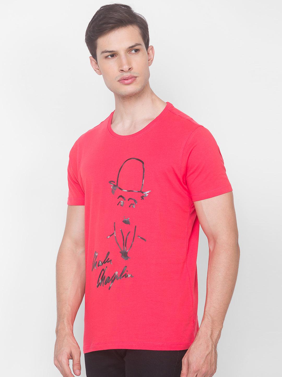 Charlie Chaplin Spykar Men Blue Cotton Slim Fit Round Neck T-Shirt