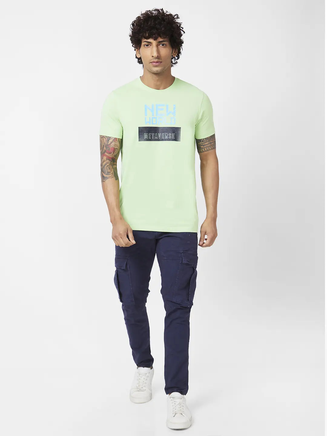 Spykar Men Mint Green Blended Slim Fit Half Sleeve Round Neck Printed Tshirt