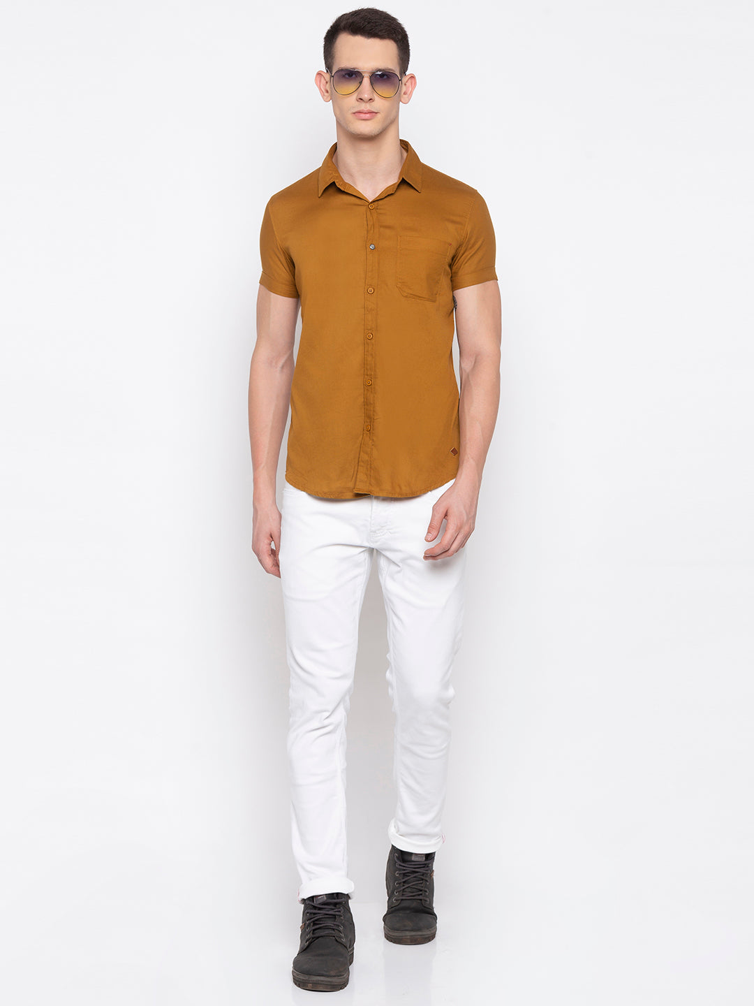 Spykar Men Khaki Cotton Slim Fit Half Sleeve Shirt