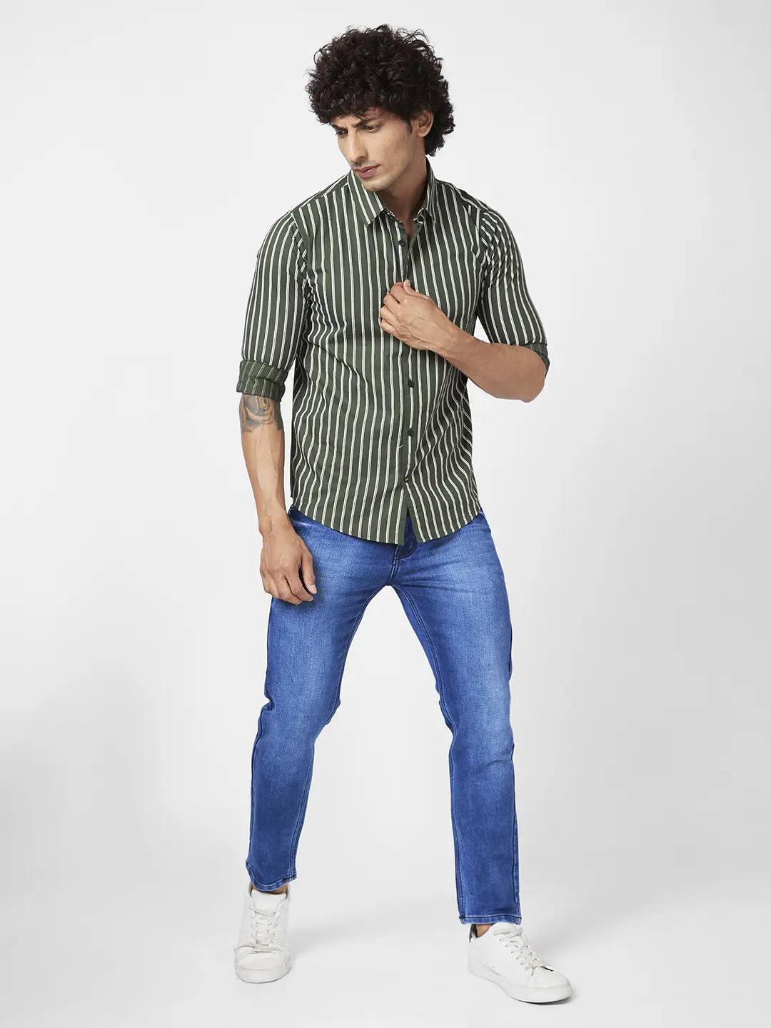 Spykar Men Dark Green Cotton Regular Slim Fit Full Sleeve Casual Striped Shirt