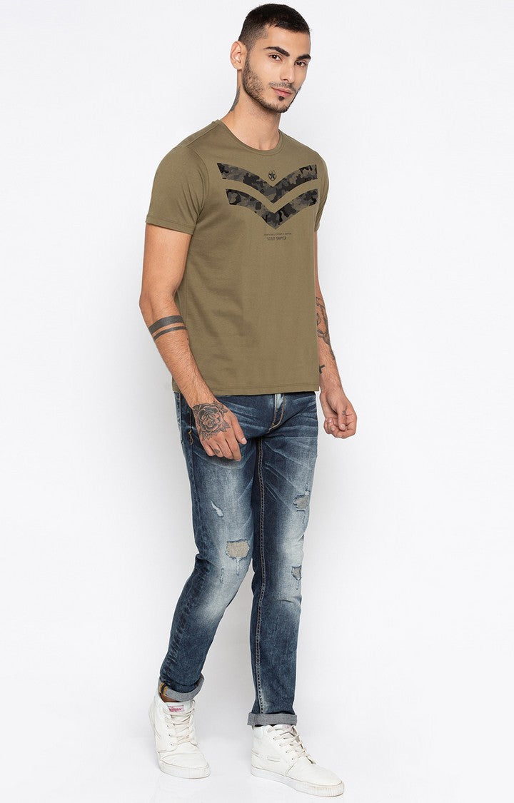 Spykar Olive Printed Slim Fit Men T-Shirts