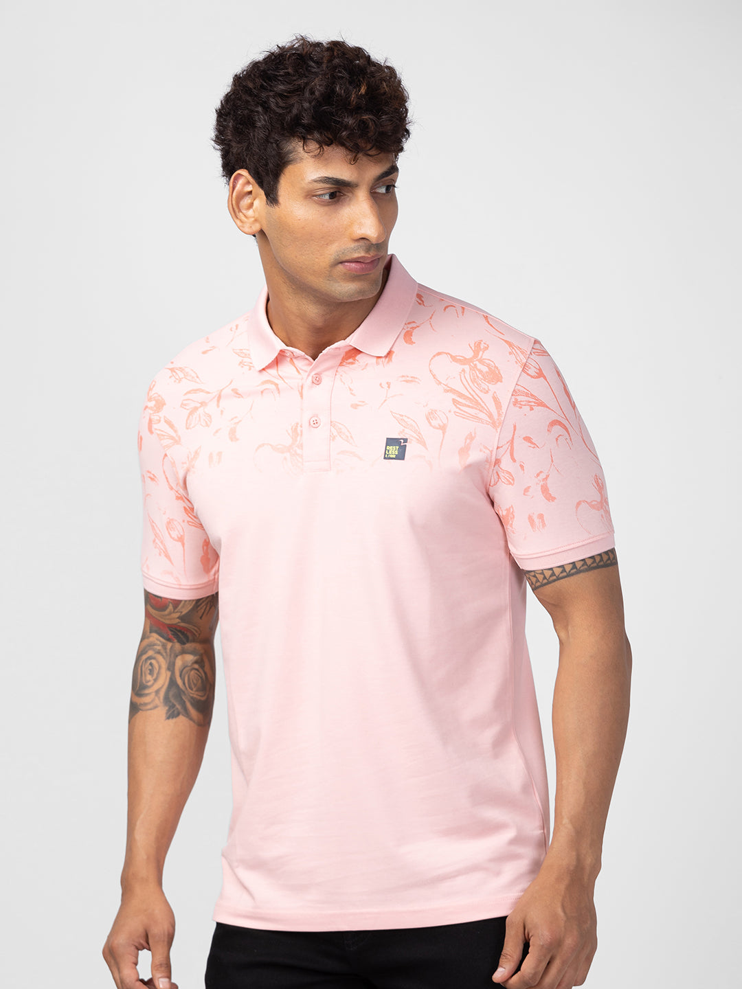 Spykar Men Peach Cotton Regular Fit Half Sleeve Printed Polo T-Shirt