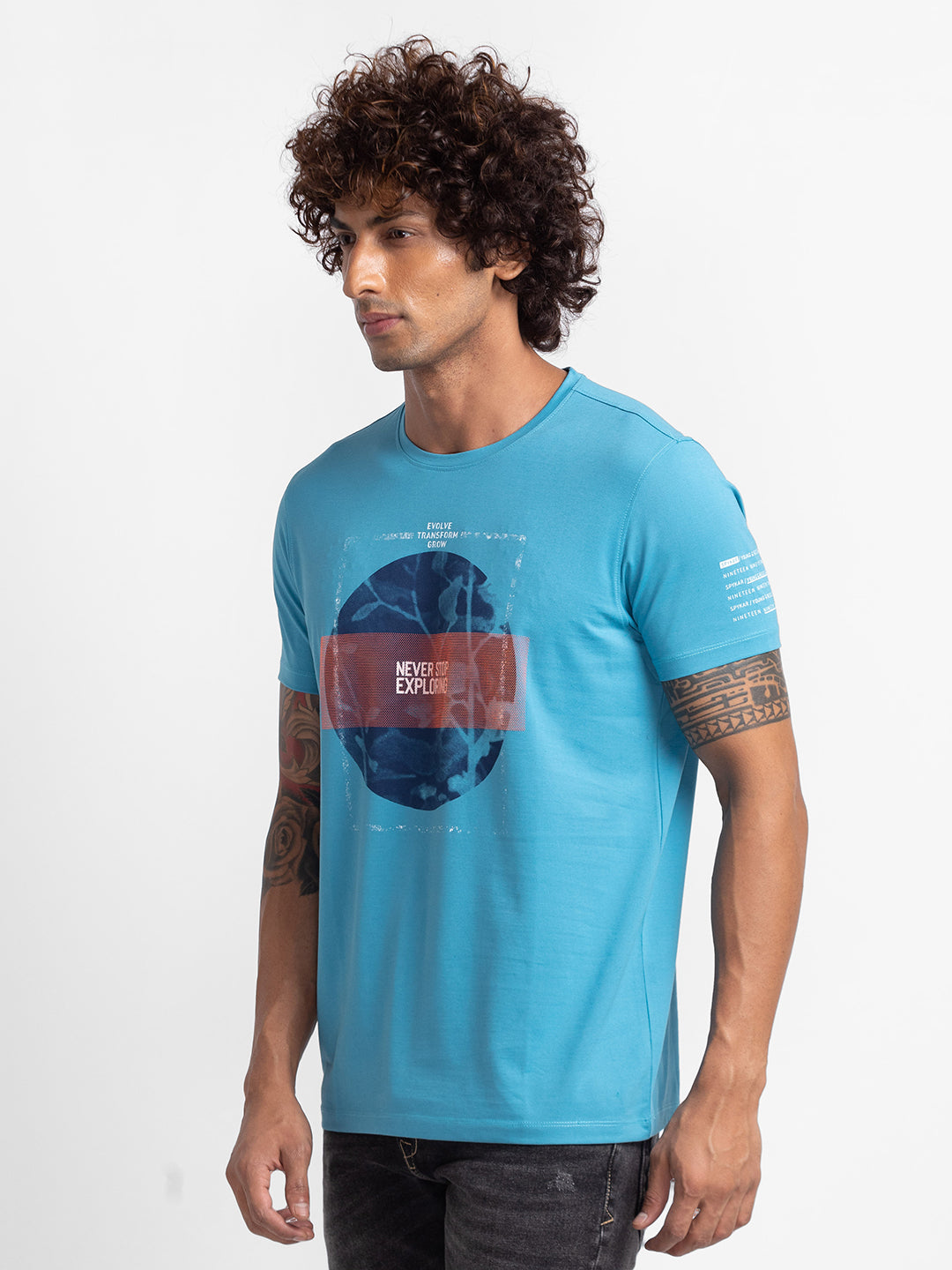 Spykar Haze Blue Cotton Half Sleeve Printed Casual T-Shirt For Men