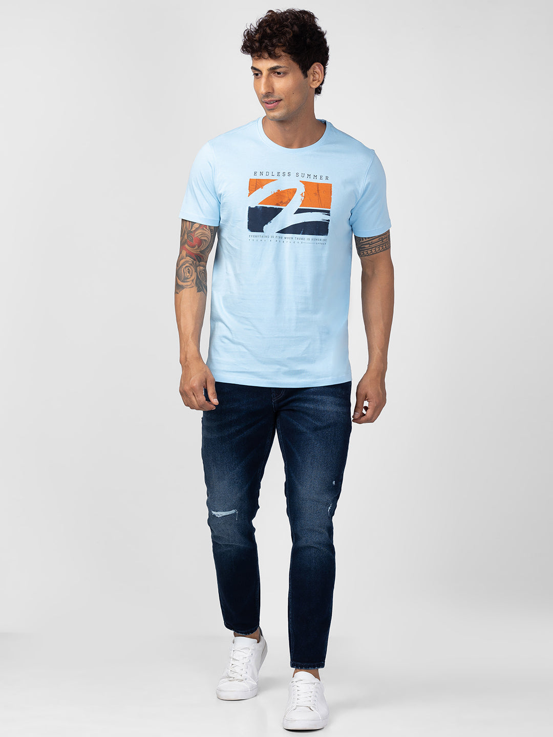 Spykar Men Powder Blue Cotton Regular Fit Half Sleeve Printed T-Shirt