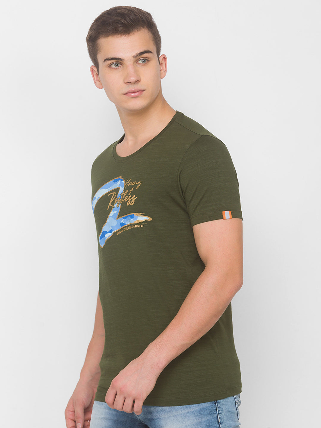 Spykar Men Green Cotton Slim Fit Round Neck T-Shirt