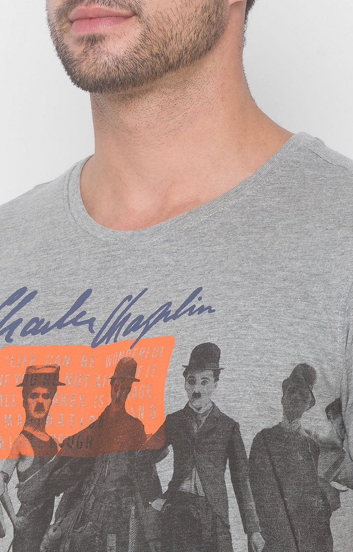 Charlie Chaplin Spykar Men Grey Melange Cotton Slim Fit Round Neck Printed T-Shirt