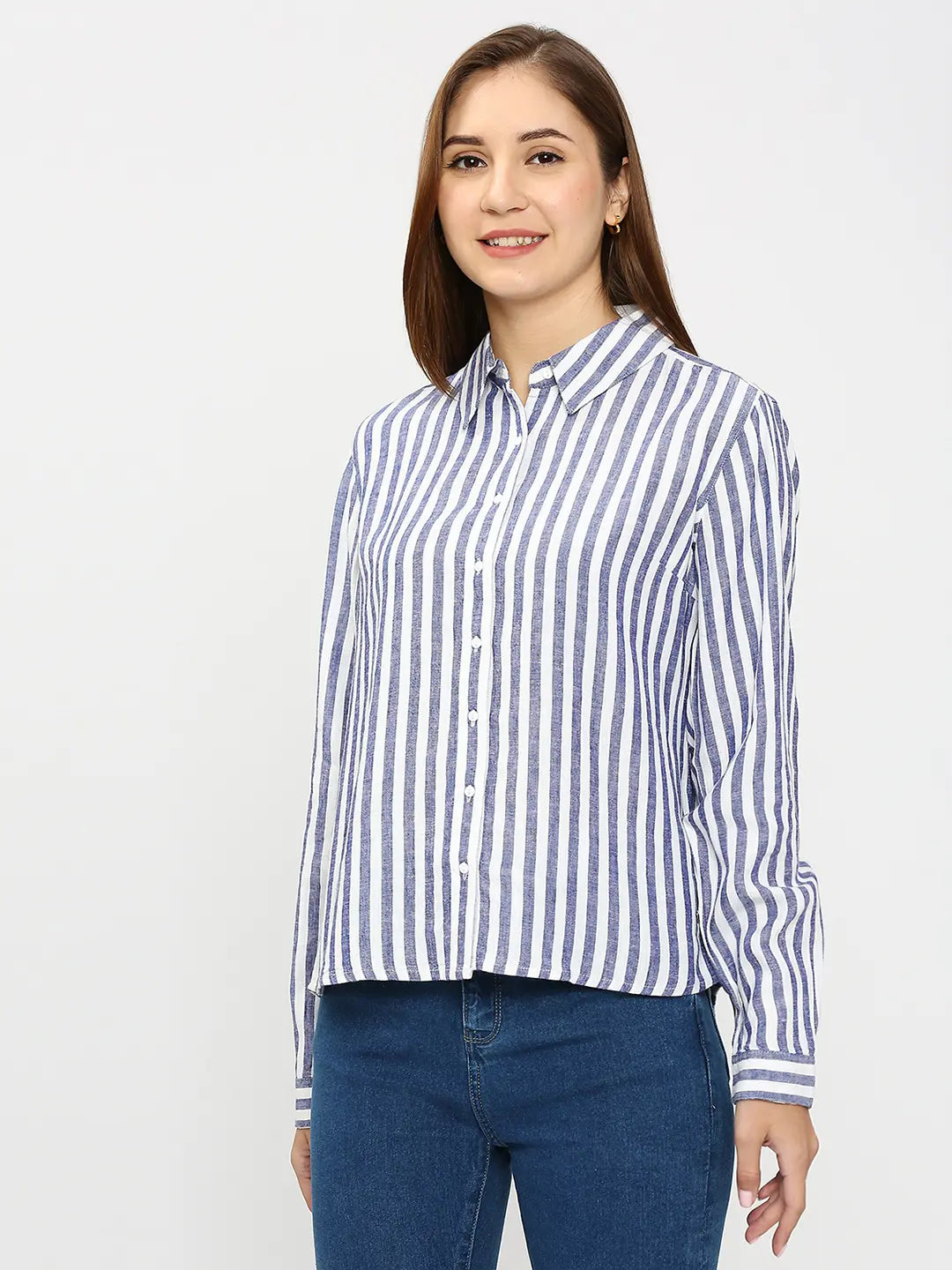 Spykar Women Blue Cotton Regular Fit Striped Shirts