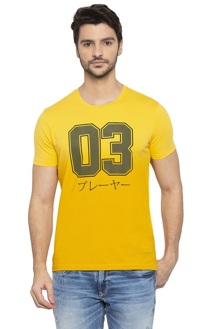 Spykar Men Yellow Cotton Slim Fit Round Neck T-Shirt