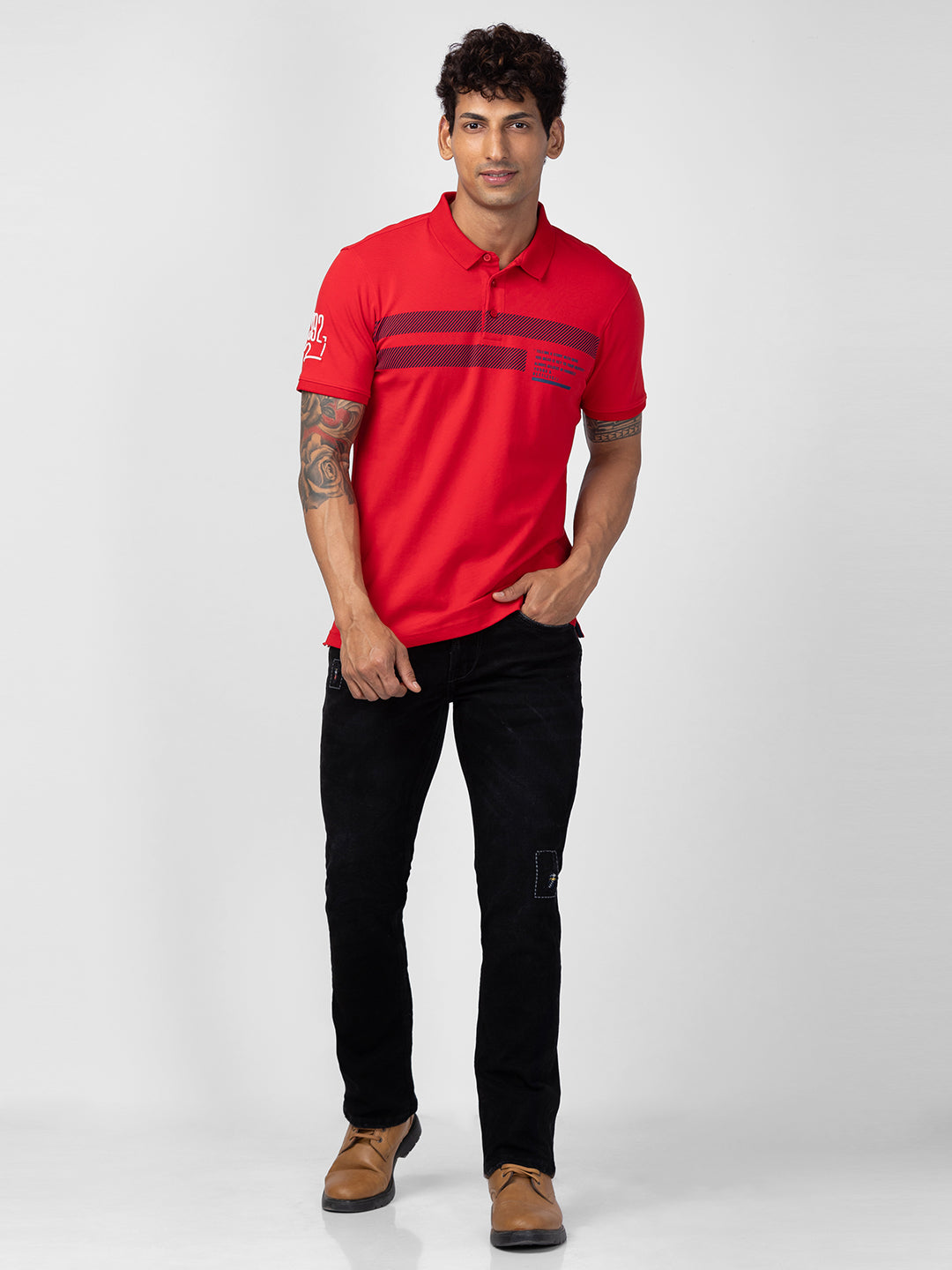 Spykar Men Deep Red Cotton Regular Fit Half Sleeve Printed Polo T-Shirt