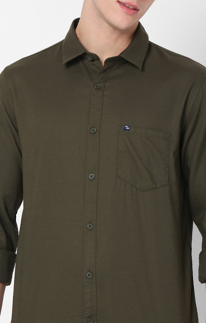 Spykar Green Full Sleeve Plain Shirts For Mens