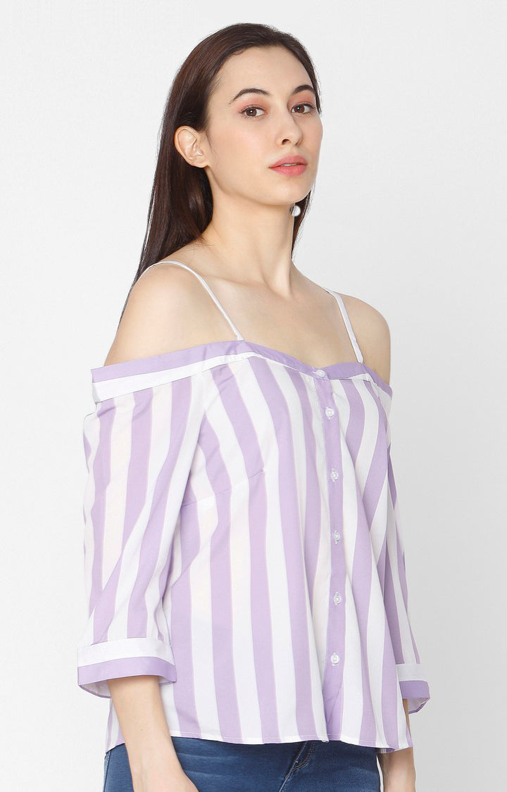 Spykar Slim Fit Purple Sttiped Off Shoulder Cotton Women Shirt