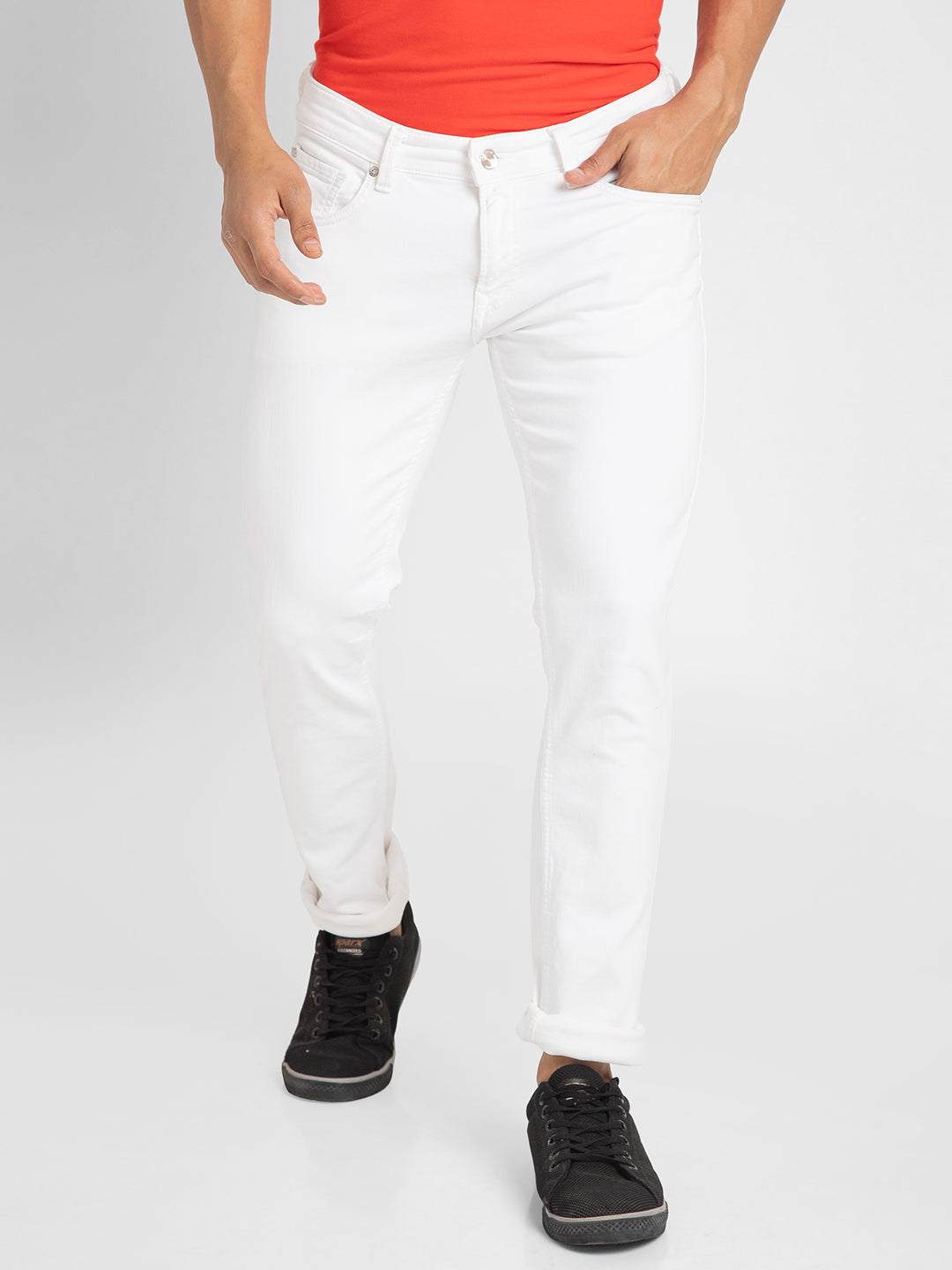 Spykar Men White Cotton Slim Fit Narrow Length Jeans (Skinny)
