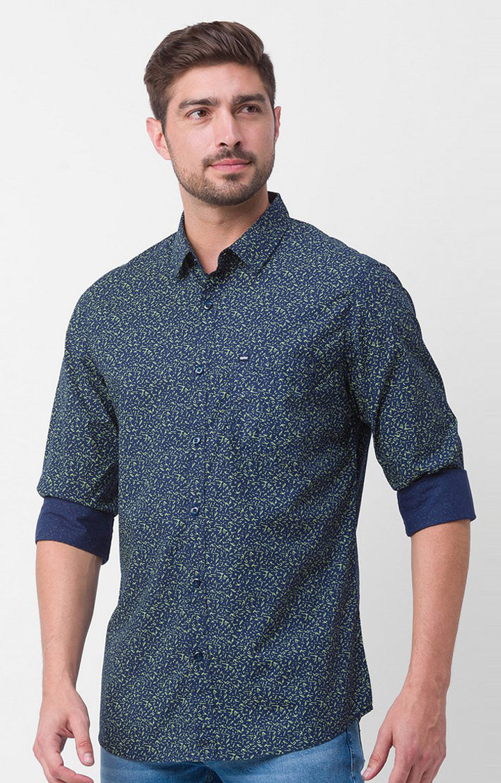 Spykar Navy Blue Cotton Full Sleeve Printed Shirt For Men