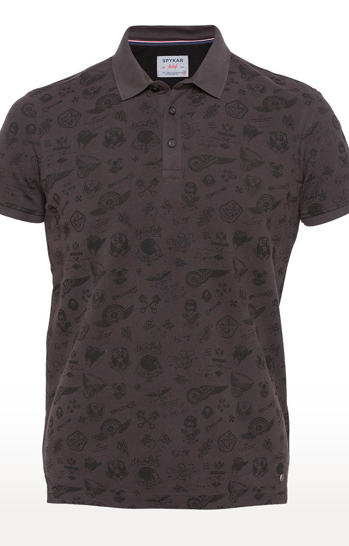 Spykar Dark Grey Printed Slim Fit Polo T-Shirt