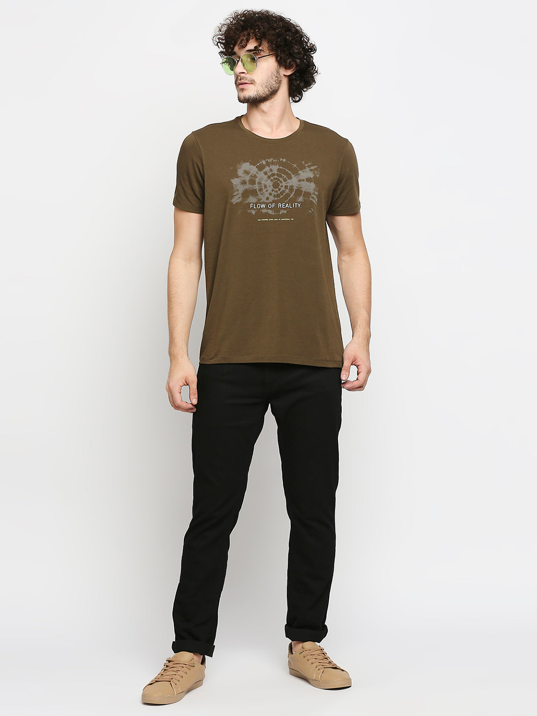 Spykar Men Green Cotton Slim Fit V-Neck T-Shirt