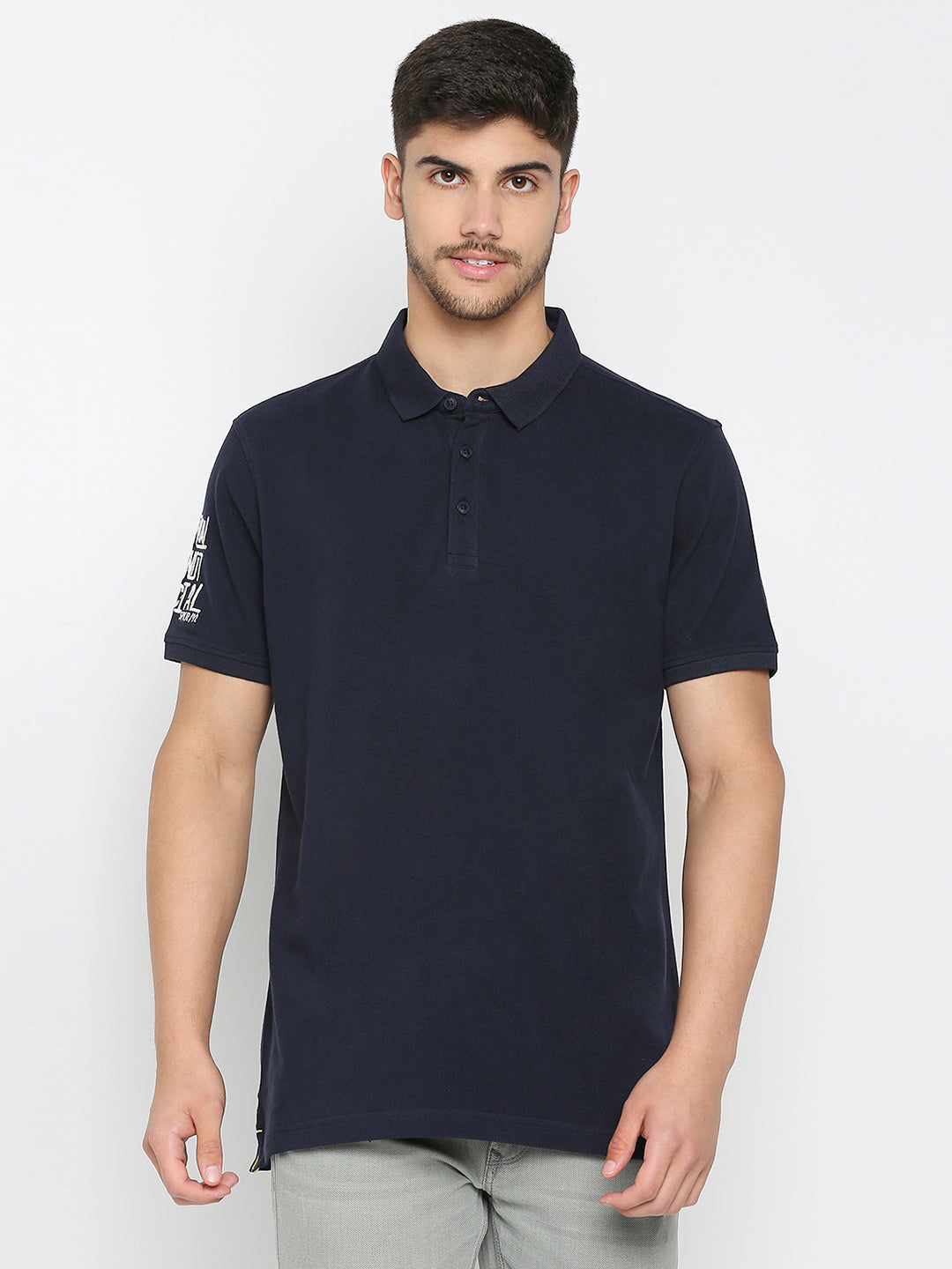 Spykar Ink Blue Cotton Half Sleeve Plain Polo T-Shirt For Men