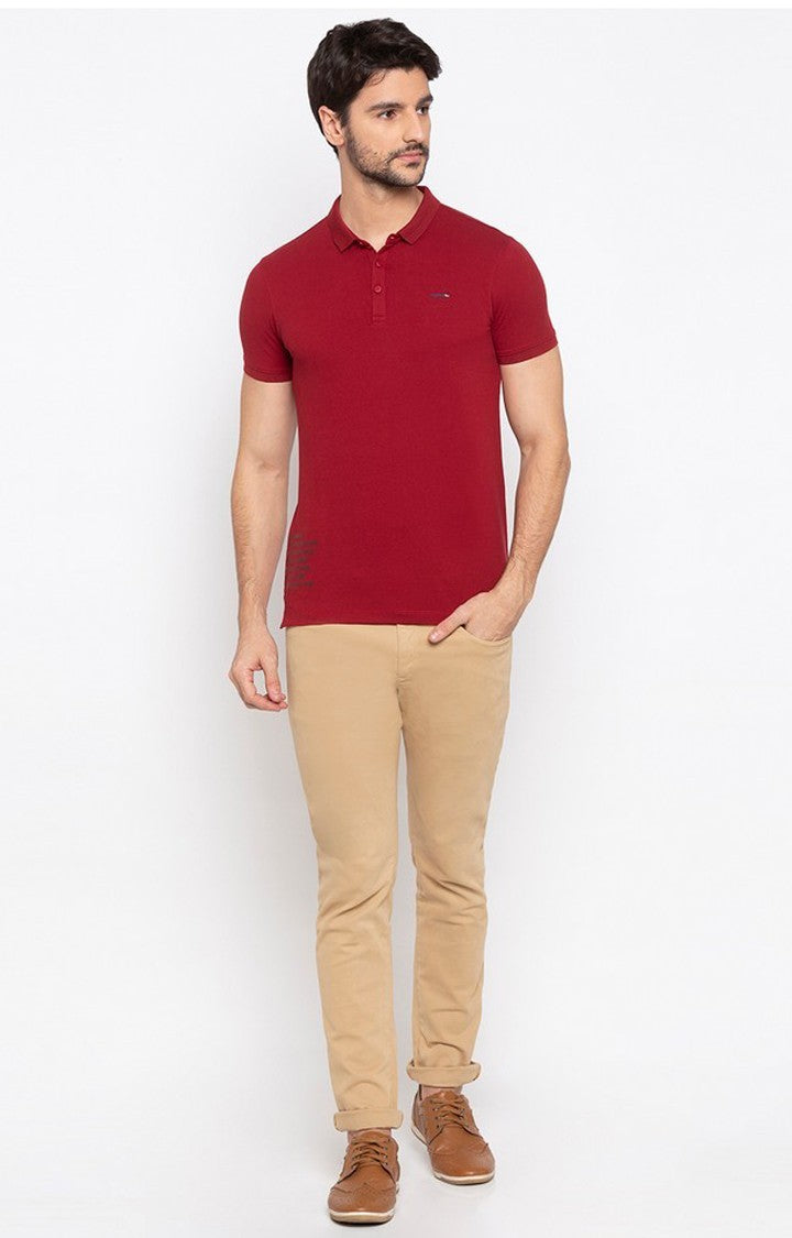 Spykar Men Red Cotton Slim Fit Polo T-Shirt