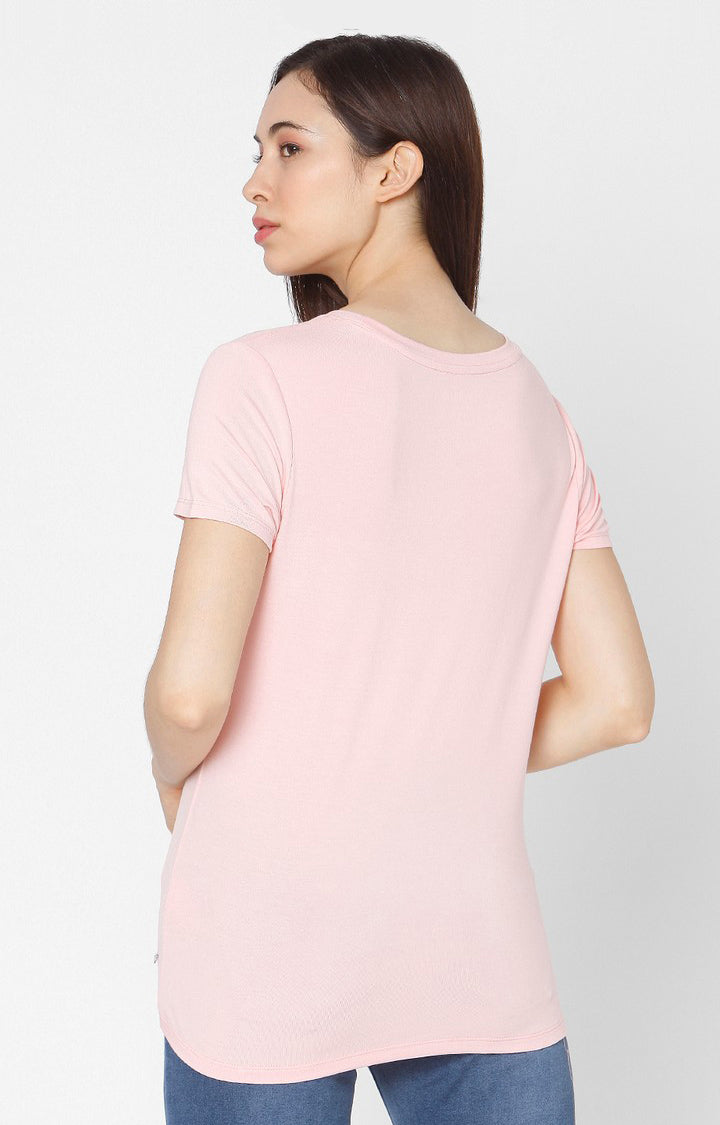 Spykar Women Pink Cotton Slim Fit Round Neck T-Shirt