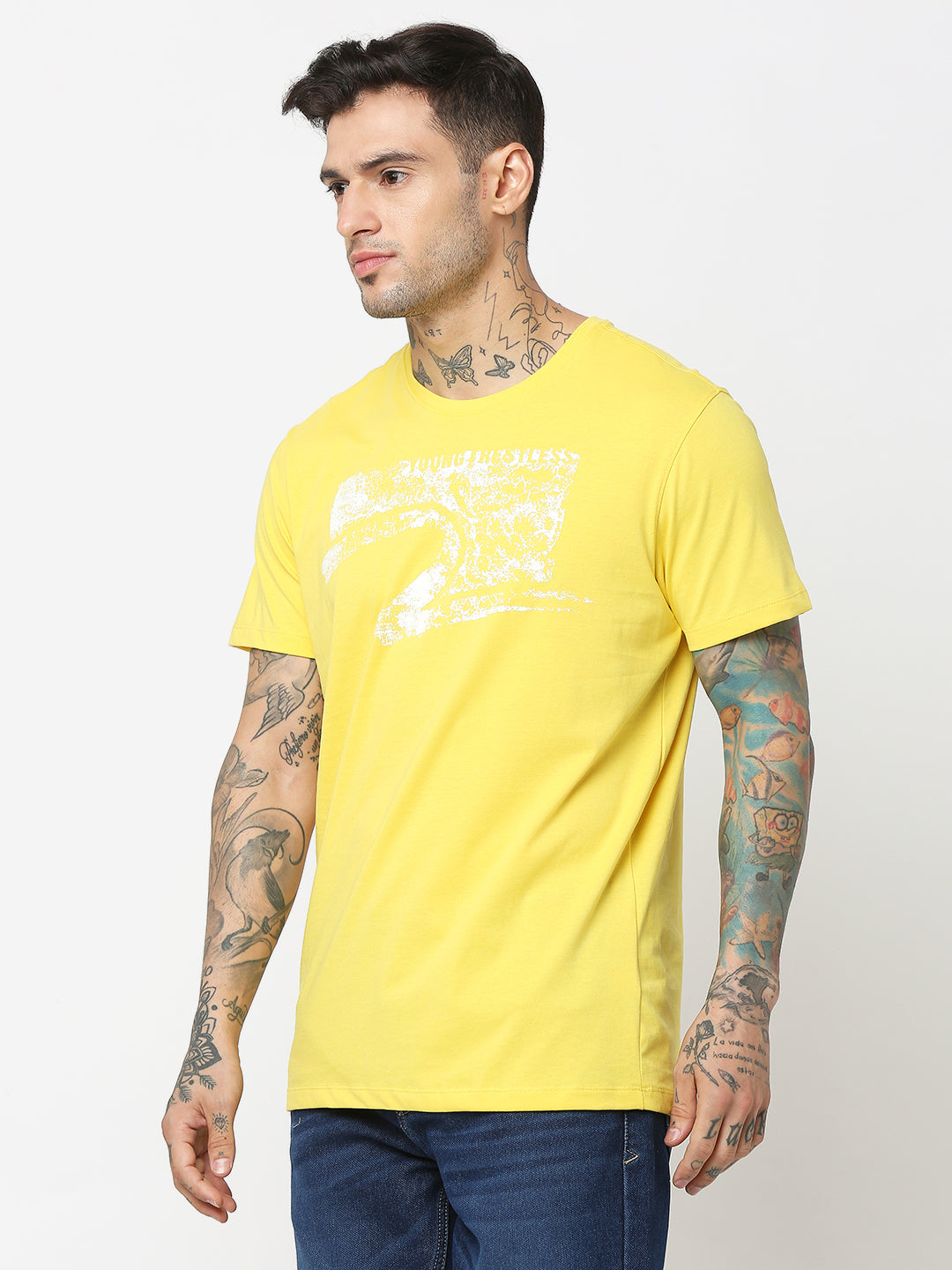 Spykar Men Yellow Cotton Slim Fit Round Neck Printed T-Shirt