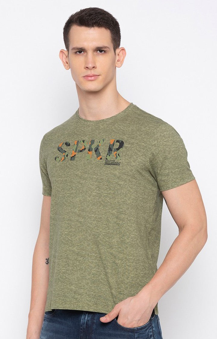 Spykar Green Cotton Slim Fit T-Shirt For Men